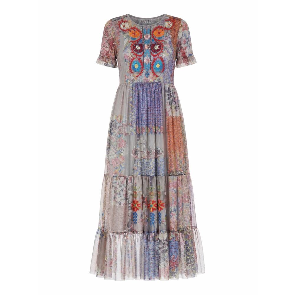 Johnny Was BIYA Kandence Tiered Mesh Dress Floral Embroidery Size M - Picture 3 of 13
